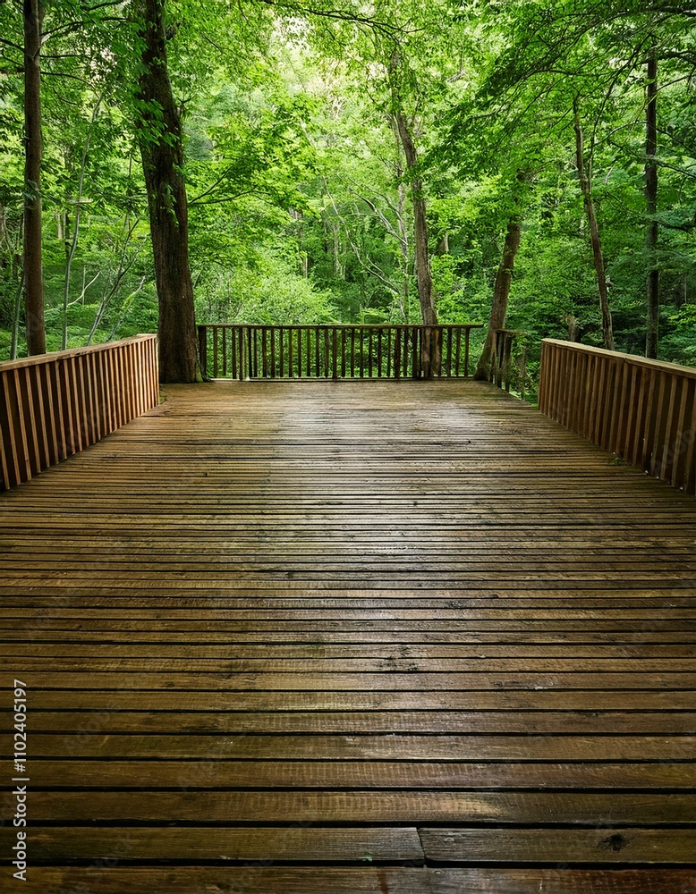 Wooden deck overlooking a lush green forest. Wooden deck overlooking a lush green forest.