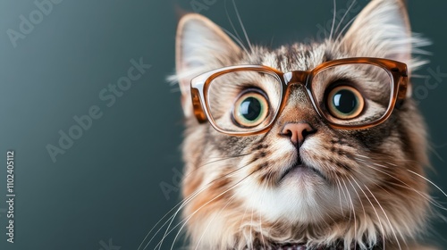 Captivating tabby cat wearing glasses, showcasing a fascinated and focused expression against a dark green backdrop, highlighting the feline's curious nature. photo