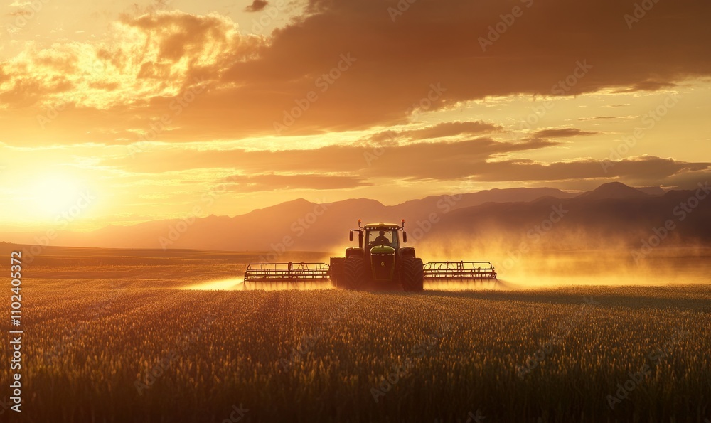 Modern tractor actively spraying crops on a vast farm with a dramatic sunset in the background Modern tractor actively spraying crops on a vast farm with a dramatic sunset in the background