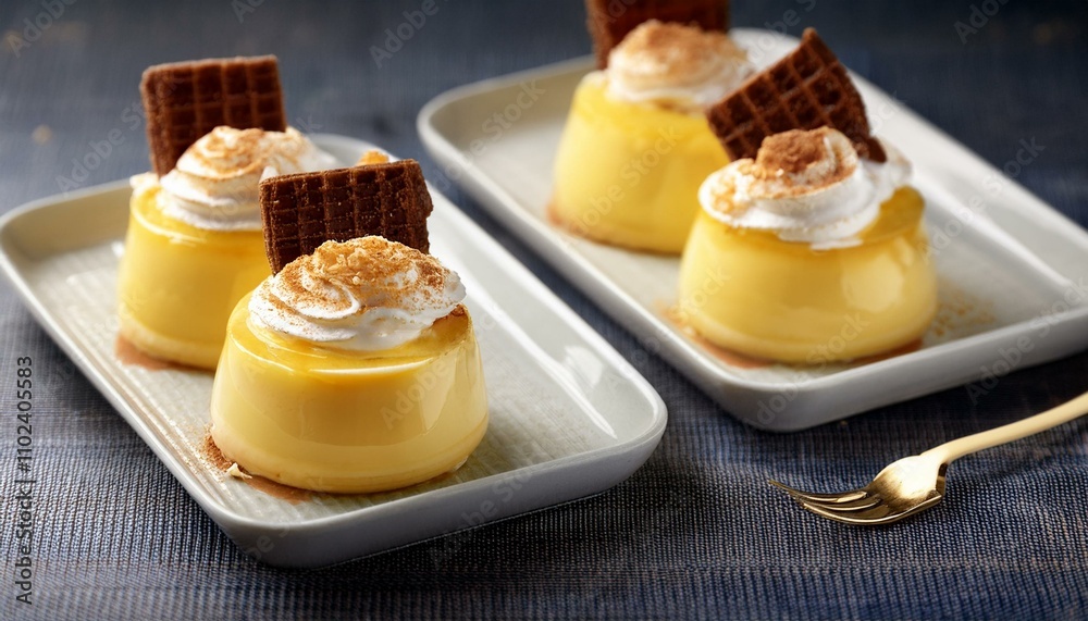 Fototapeta premium Creamy yellow custard dessert with whipped cream and cookie topping.