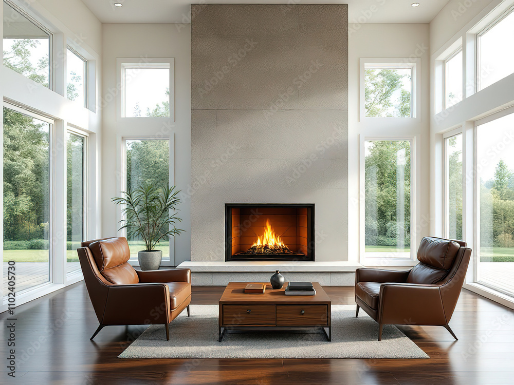 Fototapeta premium A bright living room with a modern fireplace and comfortable armchairs. Large windows frame a scenic outdoor view, filling the space with natural light. Hardwood floors and a neutral color palette.