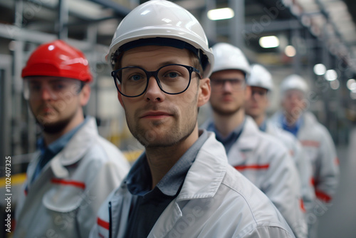 Photography of a France team of factory workers in industrial line work with a professional working environment. 