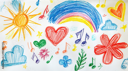 Children's drawing on a white background. Heart, cloud, flower, rainbow, pencil, star