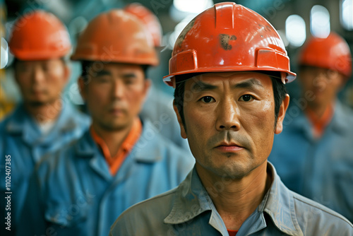 Photography of a Japan team of factory workers in industrial line work with a professional working environment. 