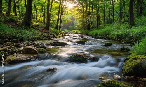 River Flowing through Green Forest