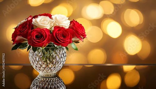 Elegant bouquet of red and white roses in a crystal vase, placed on a reflective surface with a warm, golden bokeh background