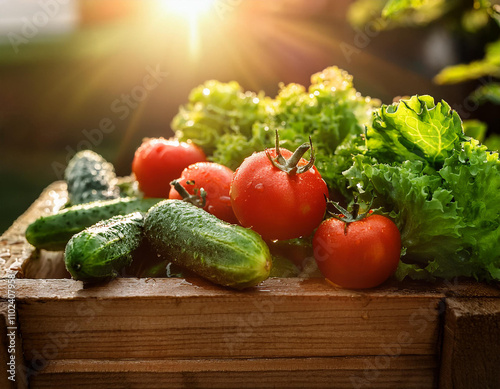 Ripe tomatoes and cucumbers, still wet with dew, sit in a wooden crate, bathed in the golden light of the setting sun