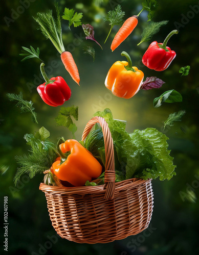 Fresh vegetables like bell peppers, carrots, and leafy greens are falling into a wicker basket, promoting healthy eating and farm to table goodness