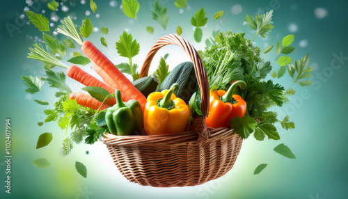 Wicker basket full of fresh colorful vegetables and herbs with green leaves flying around on a green background