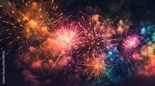 Colorful fireworks exploding in the night sky with smoke trails.