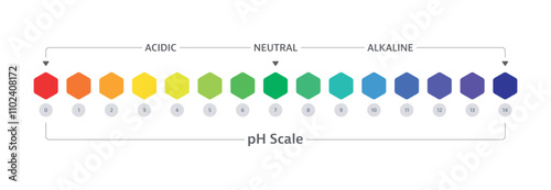 colored hexagons ph scale. ph scale on white background. acidic, neutral, alkaline ph scale