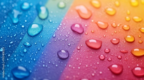 Colorful Macro Photography Water Droplets Beaded on a Vibrant, Gradient Surface, Texture Background