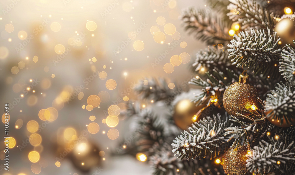 Obraz premium Christmas background. Xmas tree with snow decorated with garland lights, holiday festive background. Widescreen frame backdrop. New year Winter art design, Christmas scene wide 