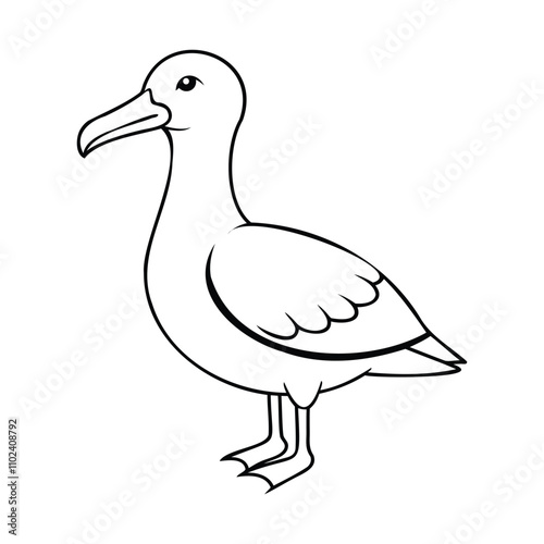 Simple black and white line drawing of a bird, resembling a albatross, with clean outlines photo