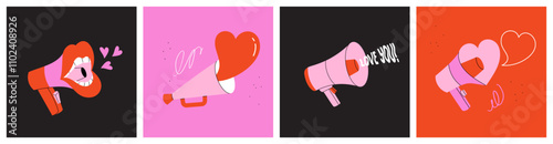 Collection of heart-shaped megaphone and loudspeaker  illustrations. Playful and bold design, communication and romance themes.