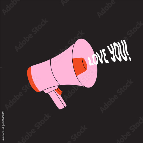 Megaphone illustration with "Love you!" text. Playful and bold design, communication and romance themes.