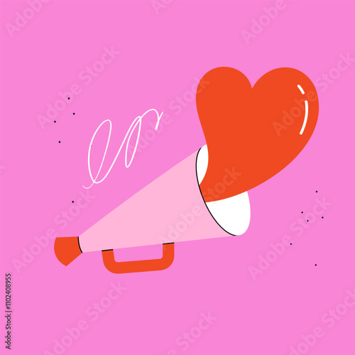 Bull horn illustration with big red heart. Playful and bold design, communication and romance themes.