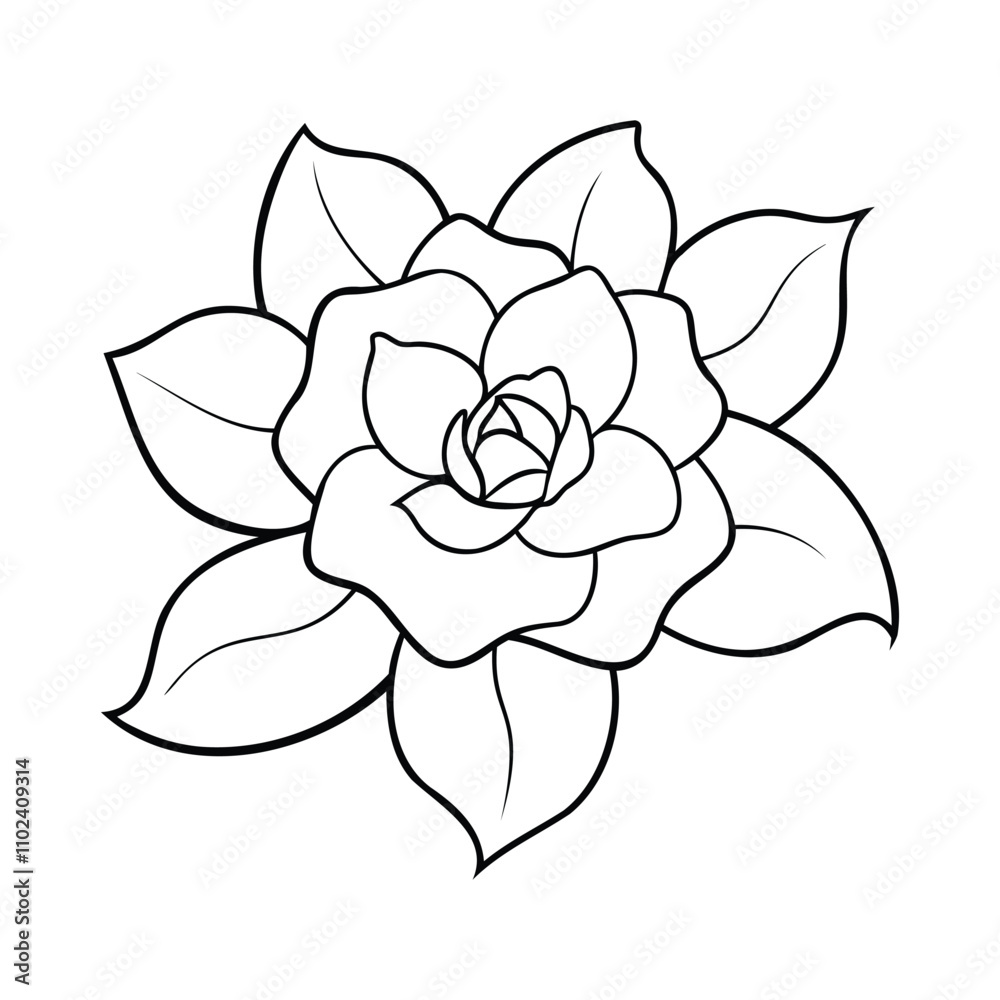 Fototapeta premium Black and white outline of a Gardenia with detailed petals and leaves
