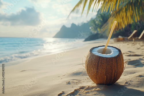 Refreshing coconut drink cocktail with straw lying on exotic tropical sandy beach against sea view landscape, summer holiday concept background.