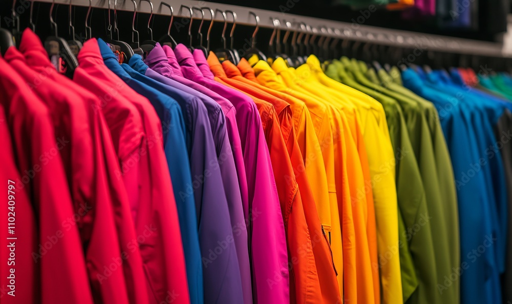 Vibrant jackets in a clothing store, neatly arranged in various bright colors. Concept of fashion, retail, and style