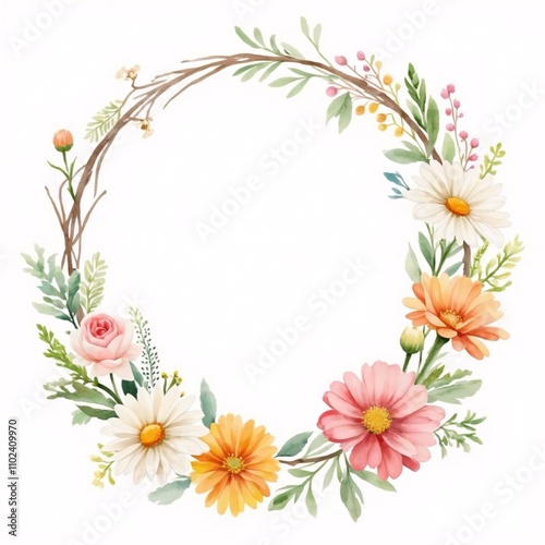 Floral wreath design with assorted flowers and greenery, cheerful composition on white background