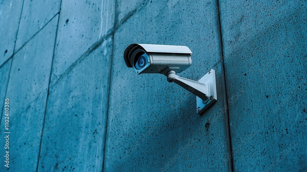 Modern Security Camera Installed on Concrete Wall for Surveillance in Urban Environment, Representing Safety and Protection Against Crime Risks in Various Settings Modern Security Camera Installed on Concrete Wall for Surveillance in Urban Environment, Representing Safety and Protection Against Crime Risks in Various Settings