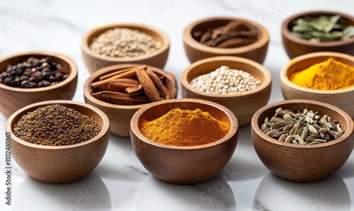 Variety of spices showing aromatic indian cuisine ingredients in bowls