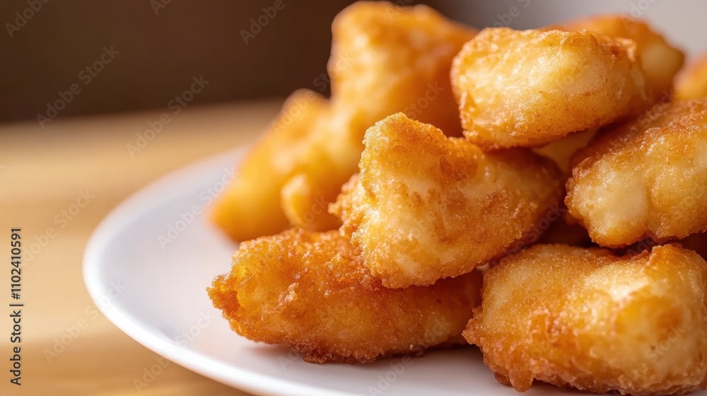 Golden, crispy cheese curds piled on a white plate, AI Golden, crispy cheese curds piled on a white plate, AI