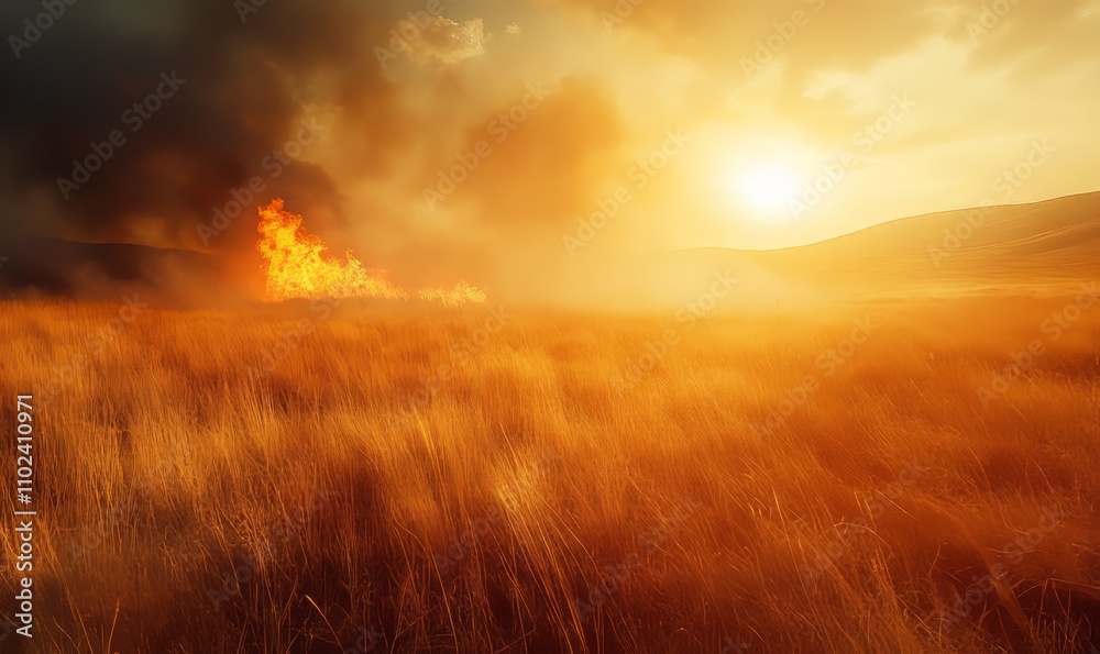Wildfire burning through a dry grass field at sunset Wildfire burning through a dry grass field at sunset