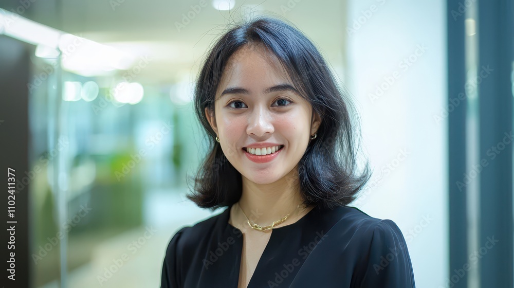 Professional young woman smiling confidently in a corporate office environment, wearing a stylish black outfit, showcasing modern workplace vibes and positive work culture. Professional young woman smiling confidently in a corporate office environment, wearing a stylish black outfit, showcasing modern workplace vibes and positive work culture.