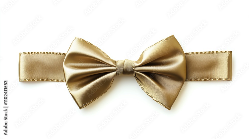 Gold ribbon tied horizontally with a simple bow in the center, isolated on white, clean and elegant presentation style Gold ribbon tied horizontally with a simple bow in the center, isolated on white, clean and elegant presentation style
