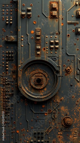 A vertical close-up of an aged circuit board featuring a central circular component, showing signs of rust and wear, evoking themes of old technology and industrial decay. AI generated.