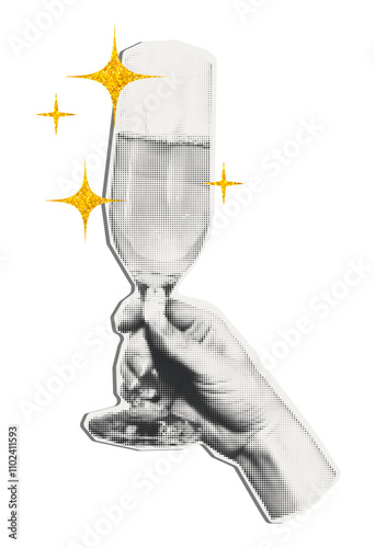 Hand holding champagne flute glass halftone art collage sticker with gold glitter sparkling stars. Toast, cheers for Christmas and New year. Cut out paper clip, modern retro grunge vector illustration