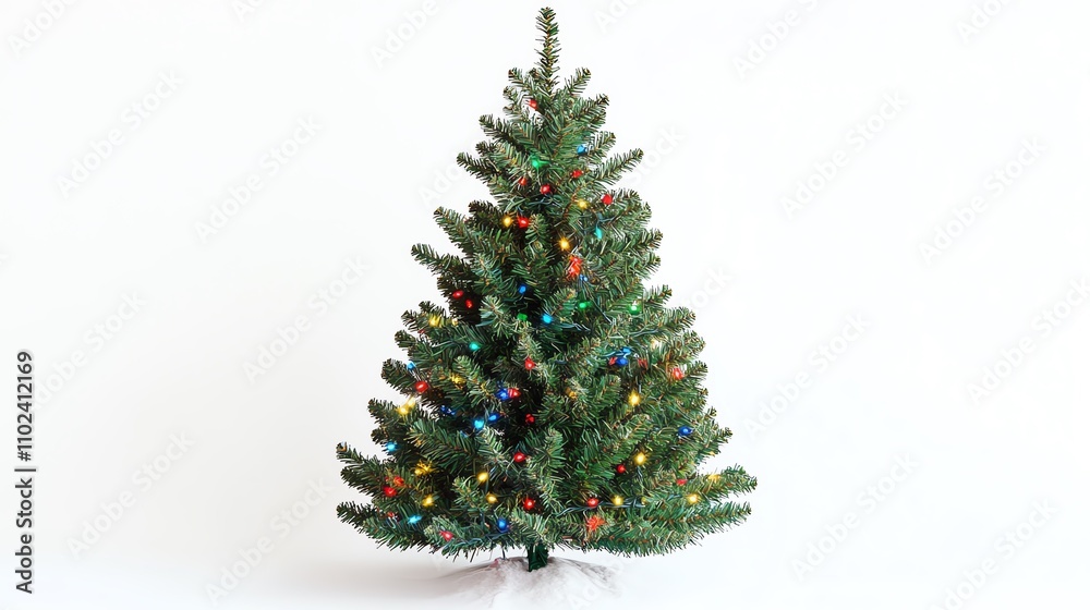 A decorated mini Christmas tree with tiny lights on a white background A decorated mini Christmas tree with tiny lights on a white background
