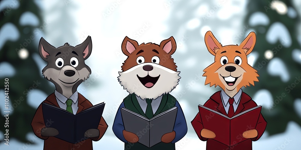 Fototapeta premium 2D animation anthropomorphic animal christmas carolers