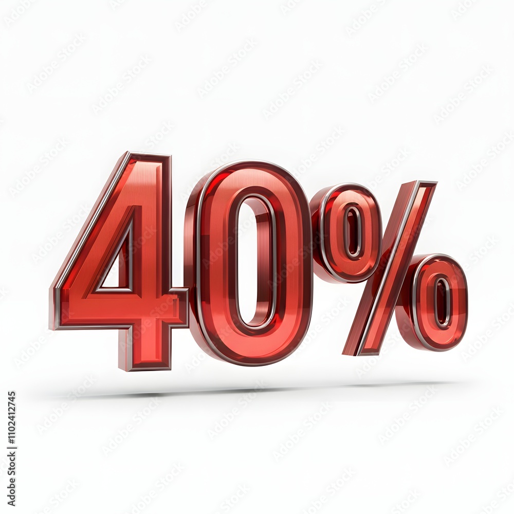 3D bold red text reading '40%' with a glossy finish and floating shadow effect 3D bold red text reading '40%' with a glossy finish and floating shadow effect