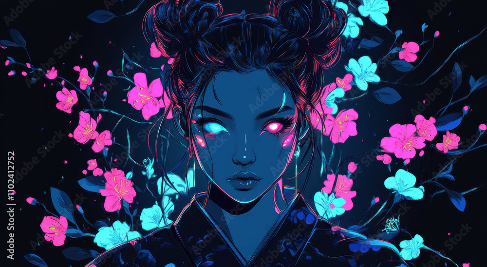 Naklejka premium A beautiful cyberpunk girl with her hair in buns, wearing a dark kimono, with glowing eyes, in an anime style. Neon light colors, blue and pink flowers on black background