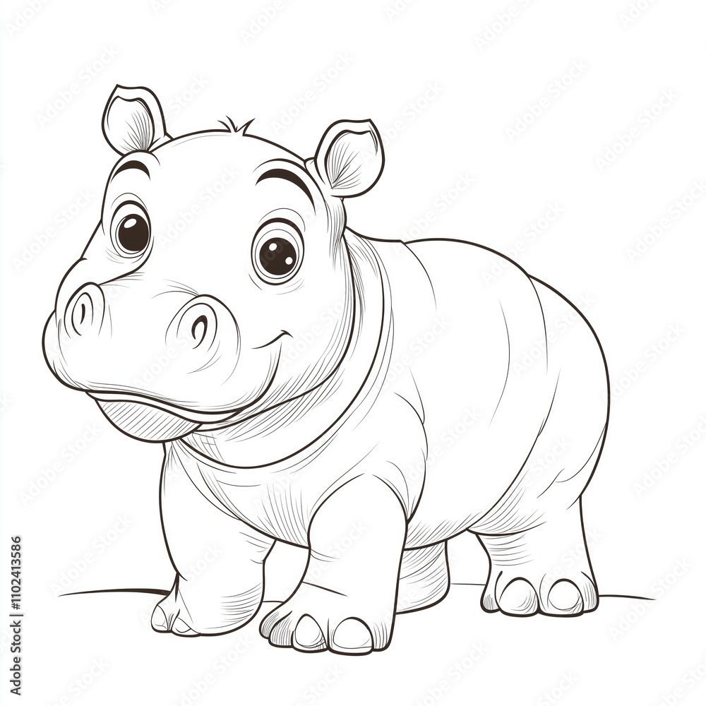 Adorable cartoon hippo illustration in black and white, perfect for children's coloring activities and educational purposes. Adorable cartoon hippo illustration in black and white, perfect for children's coloring activities and educational purposes.