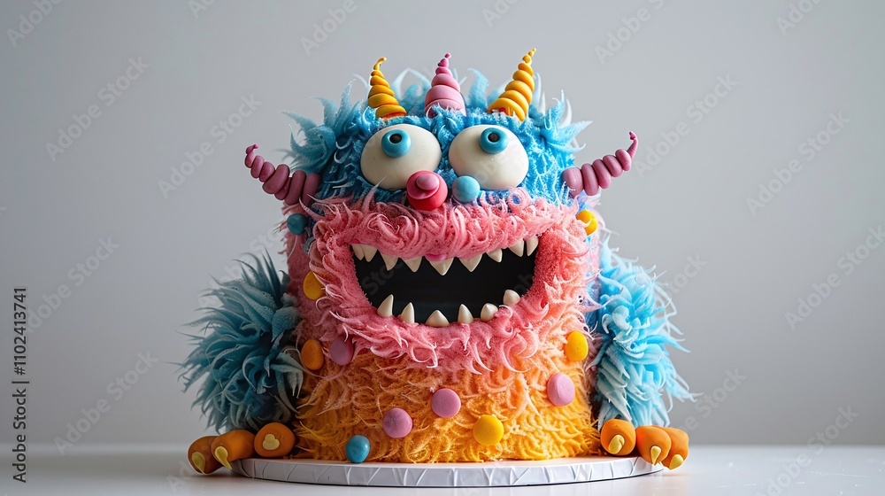 Naklejka premium Colorful monster birthday cake, whimsical party dessert, playful cake design, blue and pink frosting, fun celebration, creative and unique cake for kids