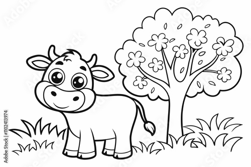 cute COW, some grass and a tree, coloring book