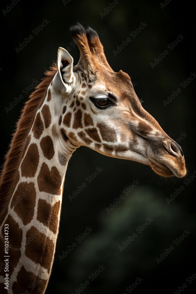 Fototapeta premium A close-up of a giraffe's head and neck with dramatic lighting, highlighting its distinct brown patches and serene expression.
