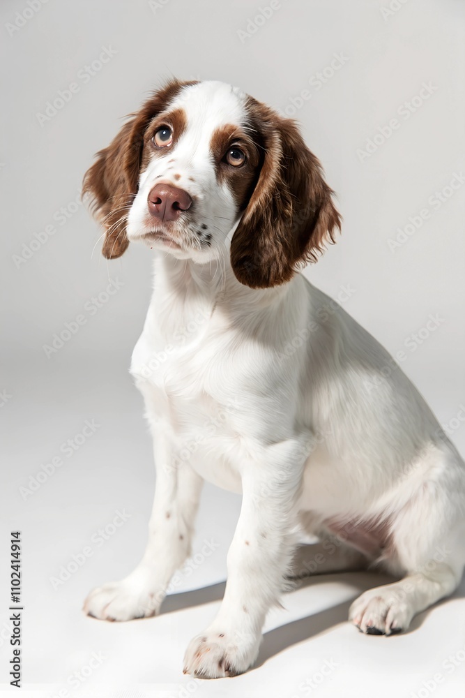 A young white puppy with brown patches over its eyes and ears, sitting against a soft gray background with a curious and innocent gaze.
A young white puppy with brown patches over its eyes and ears, sitting against a soft gray background with a curious and innocent gaze.