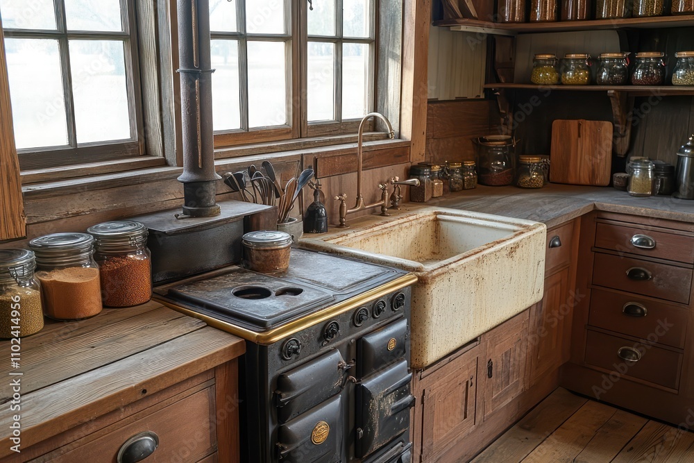 A kitchen with an antique flair, featuring a restored wood-fired stove, vintage spice containers, and a farmhouse sink. A kitchen with an antique flair, featuring a restored wood-fired stove, vintage spice containers, and a farmhouse sink.