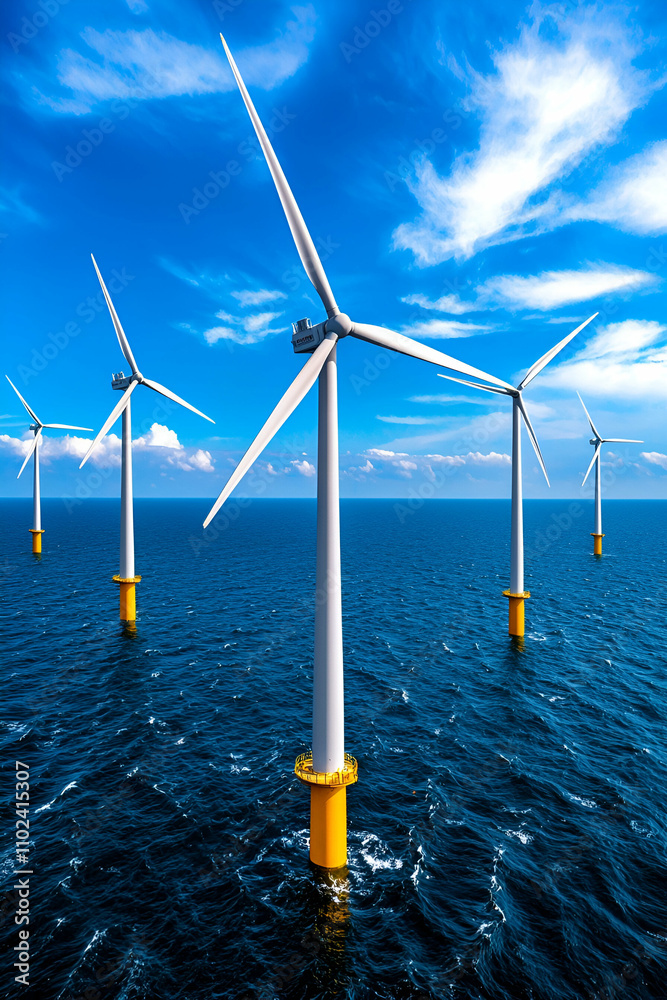 An aerial view of offshore wind turbines standing tall against a vibrant blue sky, harnessing renewable energy from the ocean breeze.