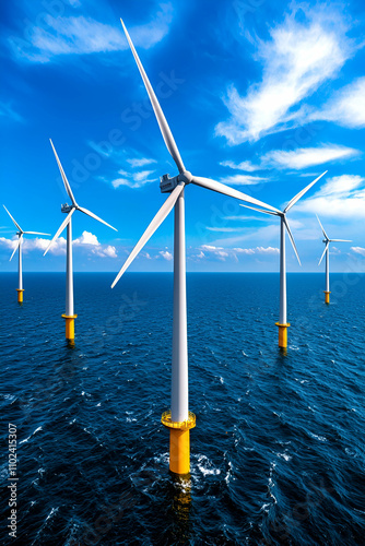 An aerial view of offshore wind turbines standing tall against a vibrant blue sky, harnessing renewable energy from the ocean breeze.