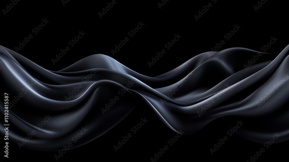 Abstract 3D Flowing Cloth, Black Satin Fabric Shape. Elegant Smooth Wavy Material. Luxurious Texture Abstract 3D Flowing Cloth, Black Satin Fabric Shape. Elegant Smooth Wavy Material. Luxurious Texture