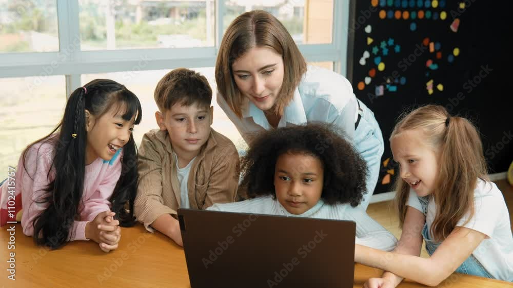 Caucasian teacher looking at african learner work or presentation. Group of diverse student looking at presentation while learning about coding and programing data at STEM technology class. Erudition. Caucasian teacher looking at african learner work or presentation. Group of diverse student looking at presentation while learning about coding and programing data at STEM technology class. Erudition.