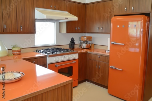 A mid-century modern kitchen with vintage orange appliances, Formica countertops, and wooden cabinetry. The design features clean, simple lines typical of the era. photo