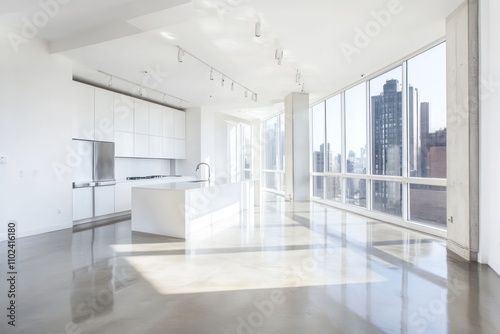 Wallpaper Mural A minimalist kitchen with high ceilings, polished concrete floors, and floor-to-ceiling windows that let in abundant natural light. The kitchen features an all-white color scheme. Torontodigital.ca