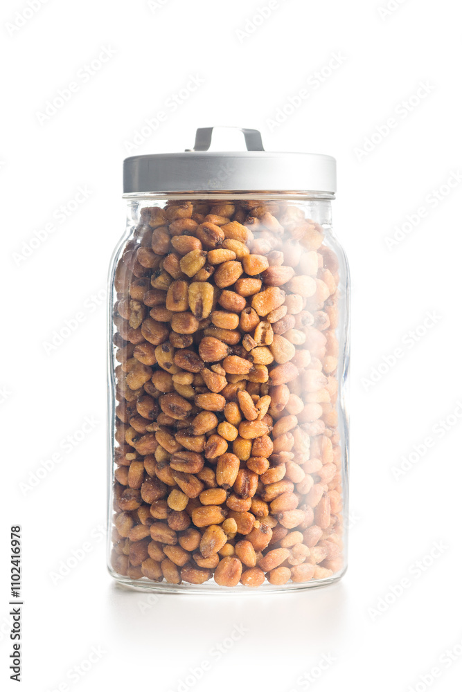 Roasted salted corn snack in jar isolated on white background. Roasted salted corn snack in jar isolated on white background.